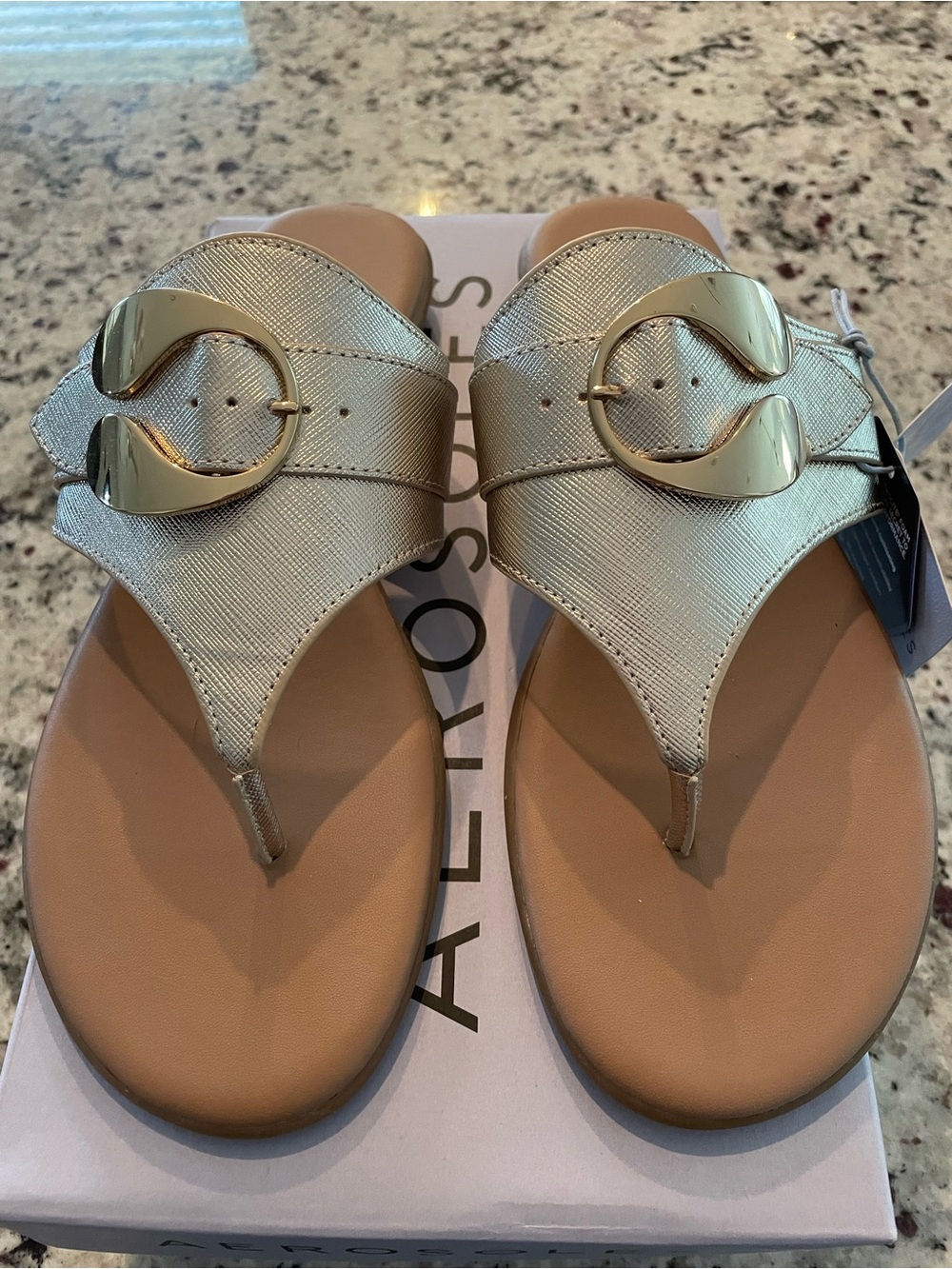AEROSOLES Metallic Gold Thong Sandals with Gold Buckle